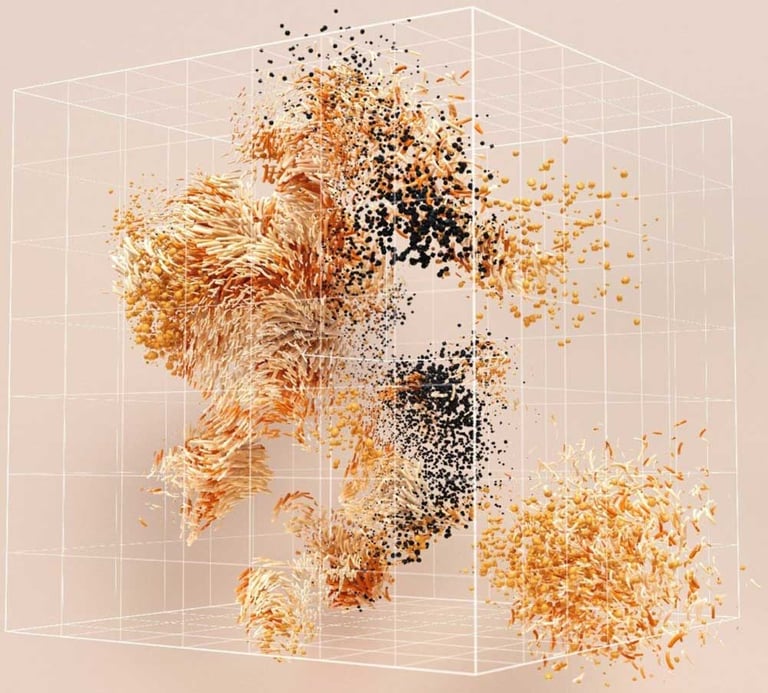 3D digital rendering of abstract shapes and particles.