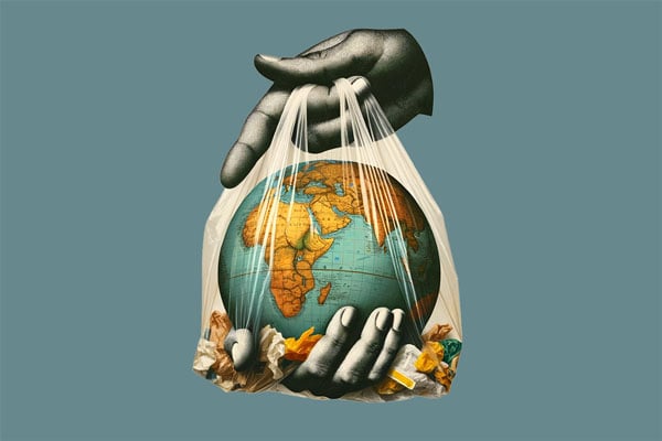 Earth being held in a plastic bag by a hand