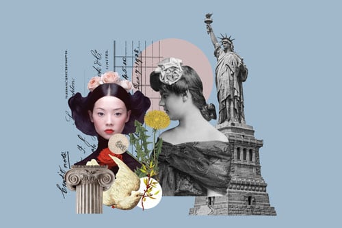 Collage with womens faces and the statue of liberty