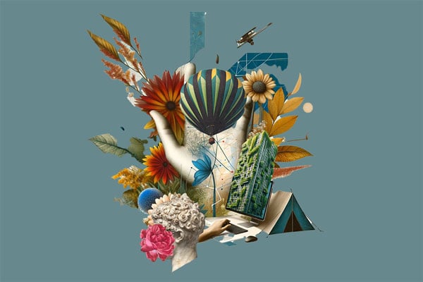 Collage with hand, flowers, leaves, hot air balloon, computer device.