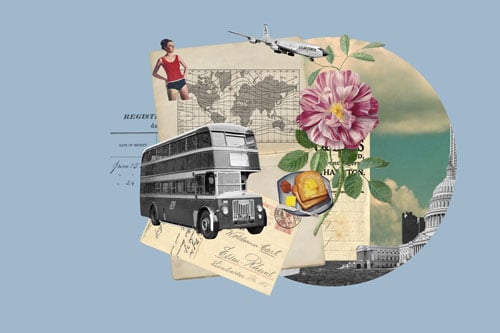 Collage with double-decker bus, woman in red swimsuit, a map, a plane, and a flower.