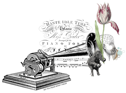 Collage of phonograph, flowers, and elephant and a hand