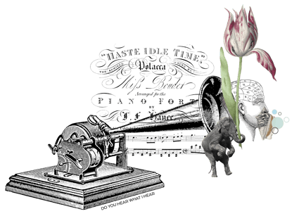 Collage of phonograph, flowers, and elephant and a hand