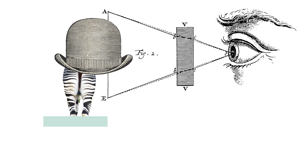 An artistic representation of a figure with a large, striped hat and legs resembling those of a zebra.